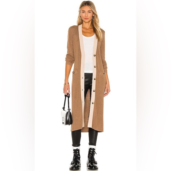 L'agence Rebecca Ribbed Long Button Front Cardigan Medium Camel - Picture 1 of 6